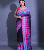 Black Cotton Handwoven Saree With Checked Box Border And Nakski Pallu