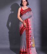 Grey Cotton Handwoven Saree With Checked Box Border And Nakski Pallu