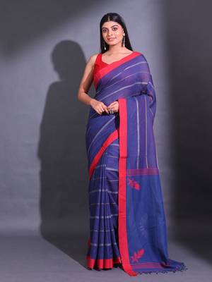 Blue Cotton Handwoven Saree With Woven Striped Designs 1