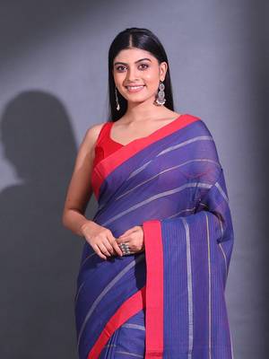 Blue Cotton Handwoven Saree With Woven Striped Designs 2