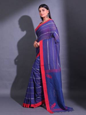 Blue Cotton Handwoven Saree With Woven Striped Designs 3