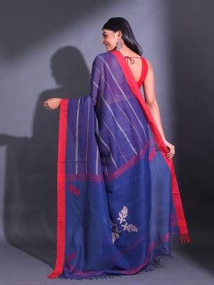 Blue Cotton Handwoven Saree With Woven Striped Designs 4