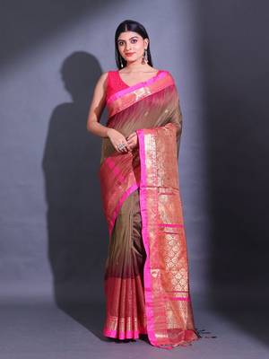 Peanut Brown Cotton Blend Handwoven Saree With Small Ethnic And Nakshi Design 1