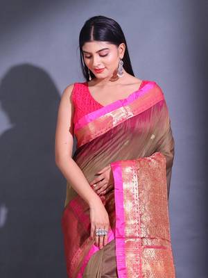 Peanut Brown Cotton Blend Handwoven Saree With Small Ethnic And Nakshi Design 2