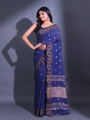 Blue Cotton Blend Handwoven Saree With Paisley Designs And Contrast Pallu 1