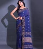 Blue Cotton Blend Handwoven Saree With Paisley Designs And Contrast Pallu