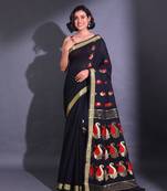Black Cotton Blend Handwoven Saree With Paisley Designs