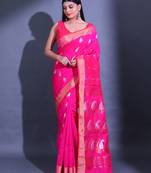 Rani Pink Cotton Blend Handwoven Saree With Paisley Designs