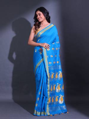 Sky Blue Cotton Blend Handwoven Saree With Paisley Designs 1