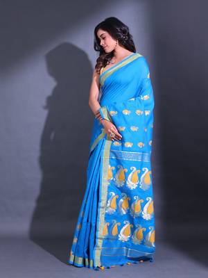Sky Blue Cotton Blend Handwoven Saree With Paisley Designs 3