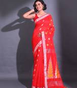 Red Cotton Blend Handwoven Saree With Nakshi Designs