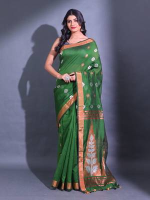 Green Cotton Blend Handwoven Saree With Nakshi Designs 1
