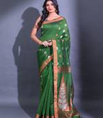 Green Cotton Blend Handwoven Saree With Nakshi Designs