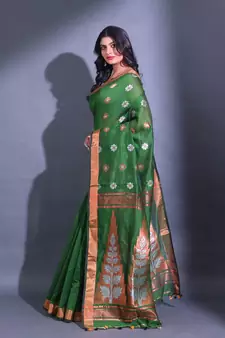 Green Cotton Blend Handwoven Saree With Nakshi Designs