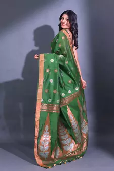 Green Cotton Blend Handwoven Saree With Nakshi Designs