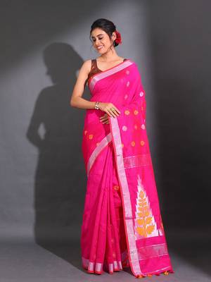 Rani Pink Cotton Blend Handwoven Saree With Nakshi Designs 1