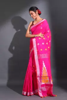 Rani Pink Cotton Blend Handwoven Saree With Nakshi Designs
