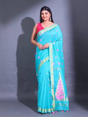 Sky Blue Cotton Blend Handwoven Saree With Nakshi Designs 1