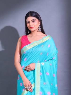 Sky Blue Cotton Blend Handwoven Saree With Nakshi Designs 2