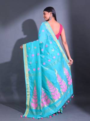 Sky Blue Cotton Blend Handwoven Saree With Nakshi Designs 4