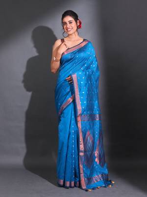 Sapphire Blue Cotton Blend Handwoven Saree With Foliage Designs And Texture Patterns 1