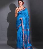 Sapphire Blue Cotton Blend Handwoven Saree With Foliage Designs And Texture Patterns
