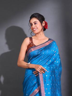 Sapphire Blue Cotton Blend Handwoven Saree With Foliage Designs And Texture Patterns 2