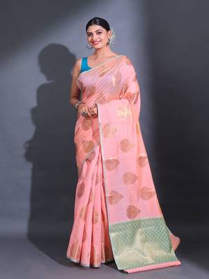 Pink Cotton Blend Handwoven Saree With Damask Motifs And Texture Pallu 1