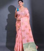 Pink Cotton Blend Handwoven Saree With Damask Motifs And Texture Pallu