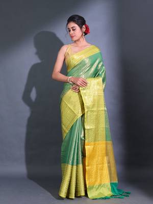 Green Katan Silk Handwoven Saree With Zari Woven Foliage And Nakshi Patterns 1