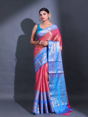 Rani Pink Katan Silk Handwoven Saree With Zari Woven Floral And Damask Motifs 1