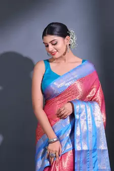Rani Pink Katan Silk Handwoven Saree With Zari Woven Floral And Damask Motifs