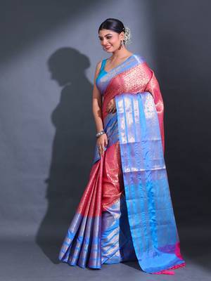 Rani Pink Katan Silk Handwoven Saree With Zari Woven Floral And Damask Motifs 3