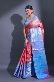 Rani Pink Katan Silk Handwoven Saree With Zari Woven Floral And Damask Motifs