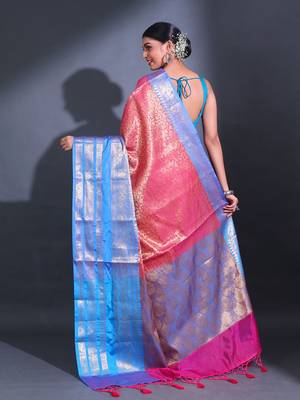Rani Pink Katan Silk Handwoven Saree With Zari Woven Floral And Damask Motifs 4