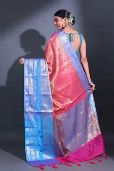 Rani Pink Katan Silk Handwoven Saree With Zari Woven Floral And Damask Motifs