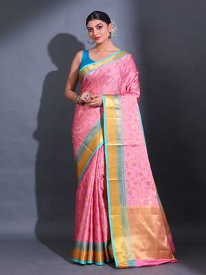 Pink Katan Silk Handwoven Saree With Zari Woven Nakshi Designs 1