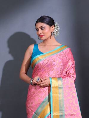 Pink Katan Silk Handwoven Saree With Zari Woven Nakshi Designs 2