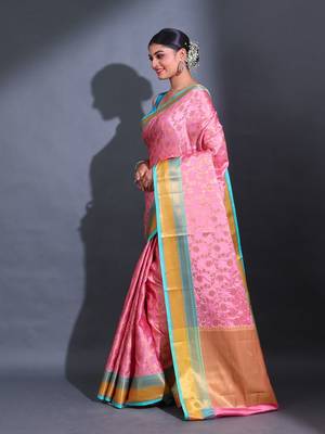 Pink Katan Silk Handwoven Saree With Zari Woven Nakshi Designs 3