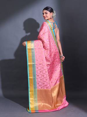Pink Katan Silk Handwoven Saree With Zari Woven Nakshi Designs 4