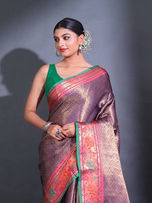 Blue Katan Silk Handwoven Saree With Zari Woven Nakshi Designs And Lotus Borders 2