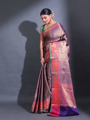 Blue Katan Silk Handwoven Saree With Zari Woven Nakshi Designs And Lotus Borders 3