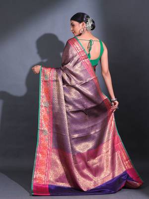 Blue Katan Silk Handwoven Saree With Zari Woven Nakshi Designs And Lotus Borders 4