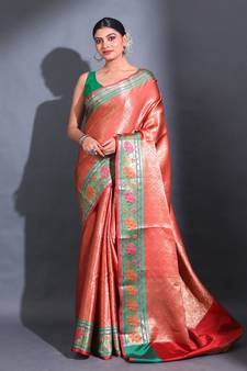 Red Katan Silk Handwoven Saree With Zari Woven Nakshi Designs And Lotus Borders