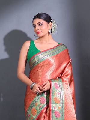 Red Katan Silk Handwoven Saree With Zari Woven Nakshi Designs And Lotus Borders 2