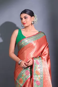 Red Katan Silk Handwoven Saree With Zari Woven Nakshi Designs And Lotus Borders