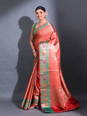 Red Katan Silk Handwoven Saree With Zari Woven Nakshi Designs And Lotus Borders 3