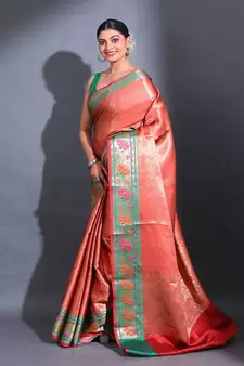 Red Katan Silk Handwoven Saree With Zari Woven Nakshi Designs And Lotus Borders