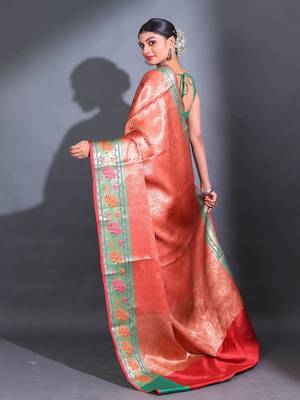Red Katan Silk Handwoven Saree With Zari Woven Nakshi Designs And Lotus Borders 4