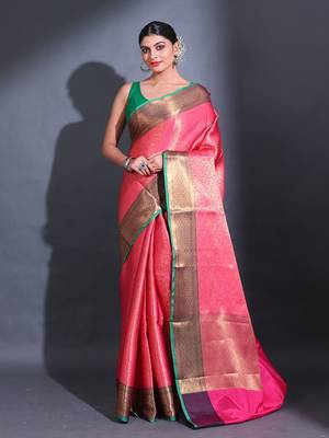 Pink Katan Silk Handwoven Saree With Zari Woven Floral Nakshi Pattern 1